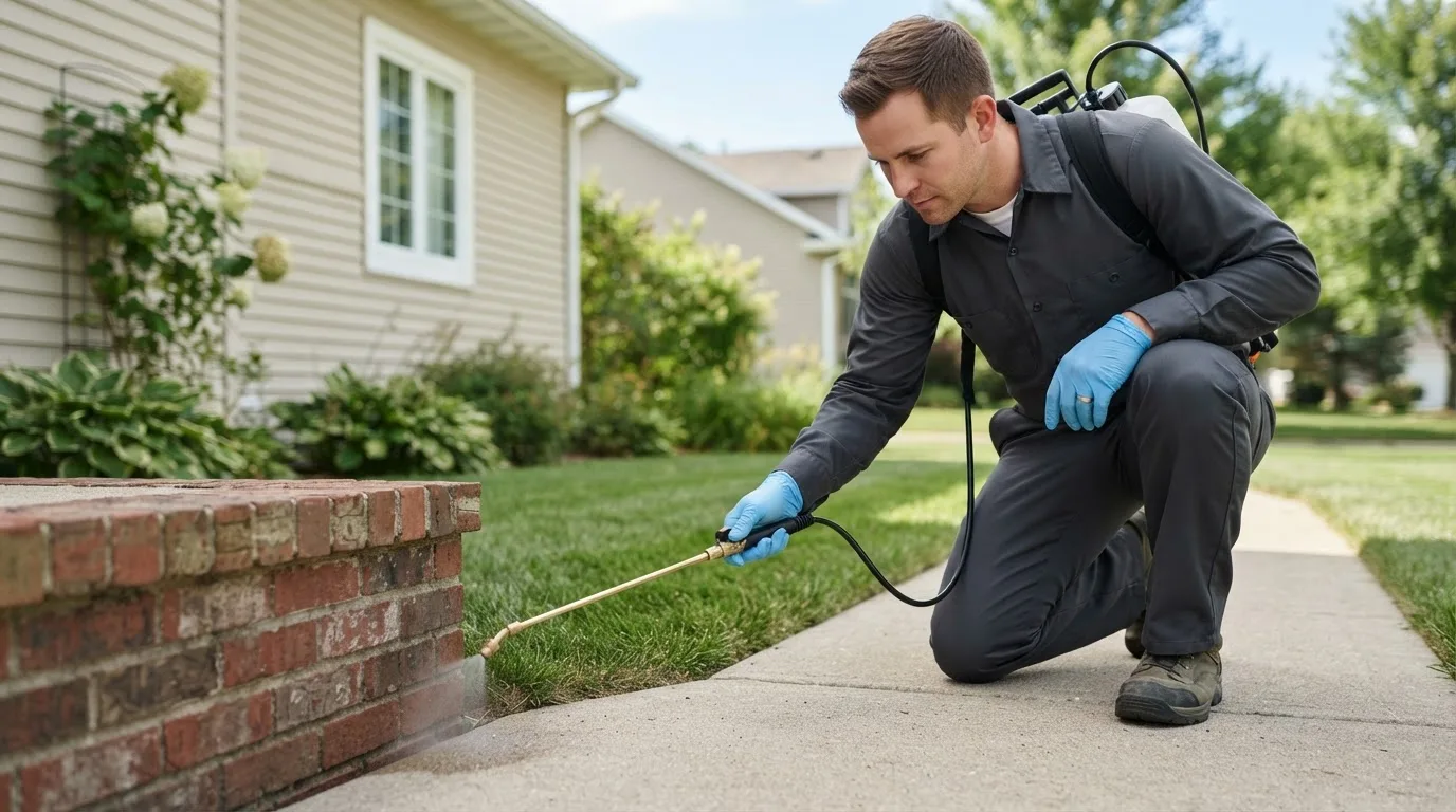 Pest control technician treating a home near Fort Ransom, ND